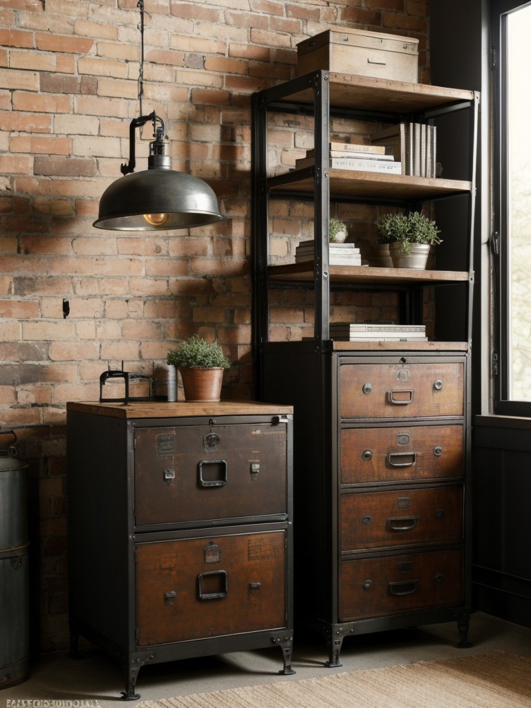 Incorporate vintage industrial furniture pieces, such as an antique filing cabinet or an industrial-style bookshelf, to add character and enhance the overall design aesthetic.