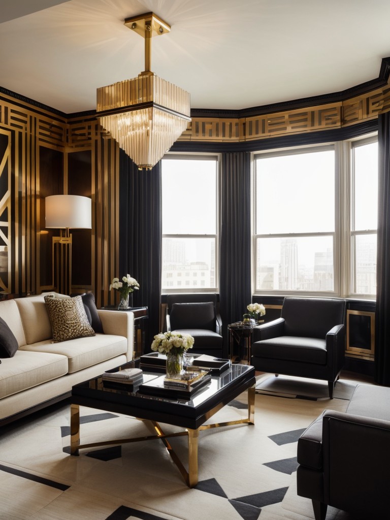 Opt for bold and geometric patterns, and incorporate dramatic lighting fixtures to enhance the art deco style in an apartment.