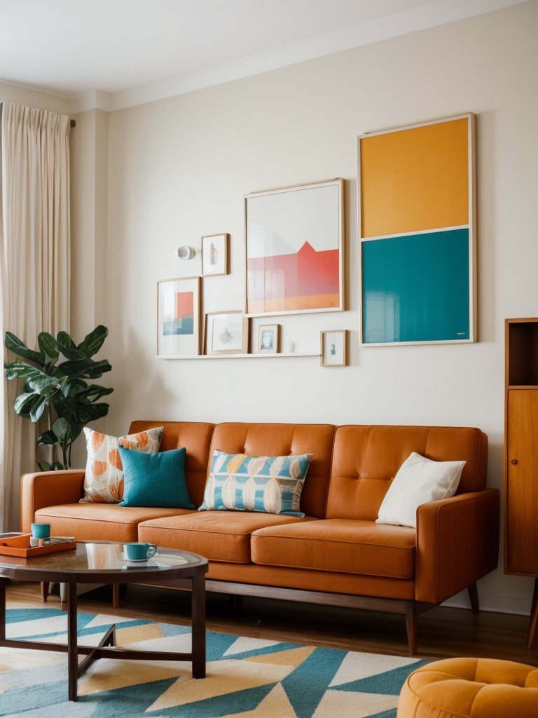 Opt for bold and retro-inspired color schemes, and incorporate geometric patterns to enhance the mid-century modern aesthetic in an apartment.
