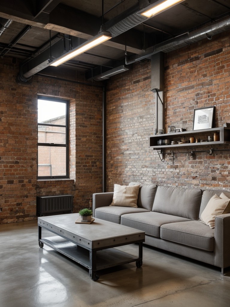 Use exposed brick walls, concrete floors, and metal fixtures to achieve an industrial chic look in an apartment.