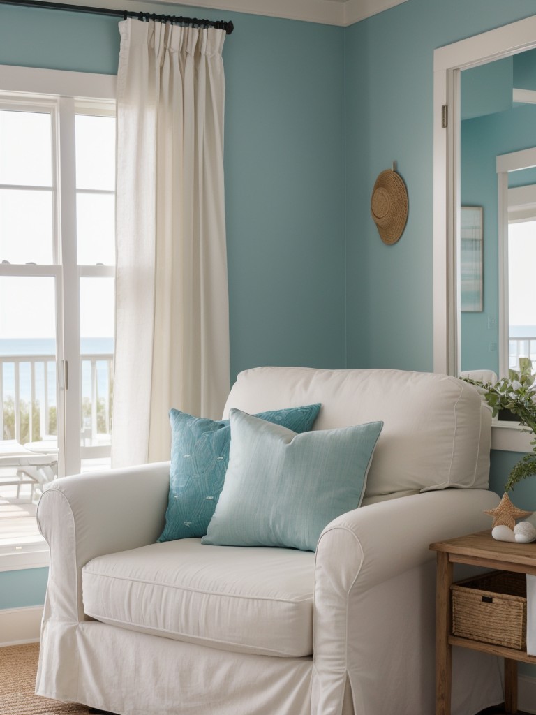 Use light, breezy fabrics and a color palette inspired by the ocean to create a beach cottage vibe in a coastal apartment.