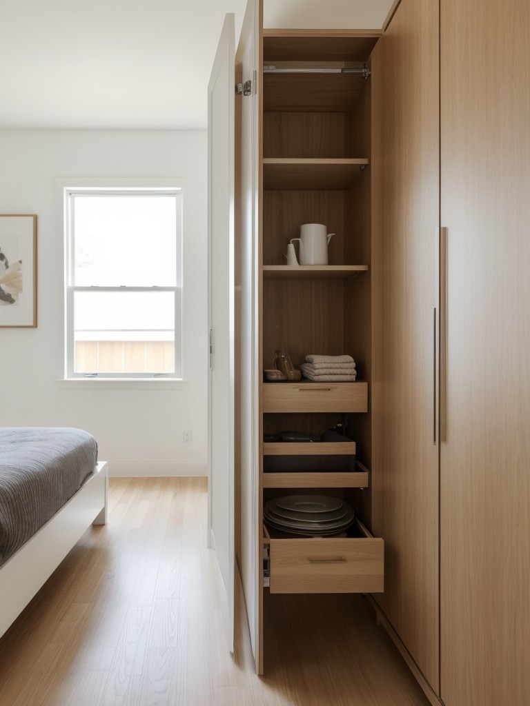 Utilize hidden storage solutions, such as built-in cabinets or under-bed storage, to maintain the minimalist aesthetic while maximizing organization.