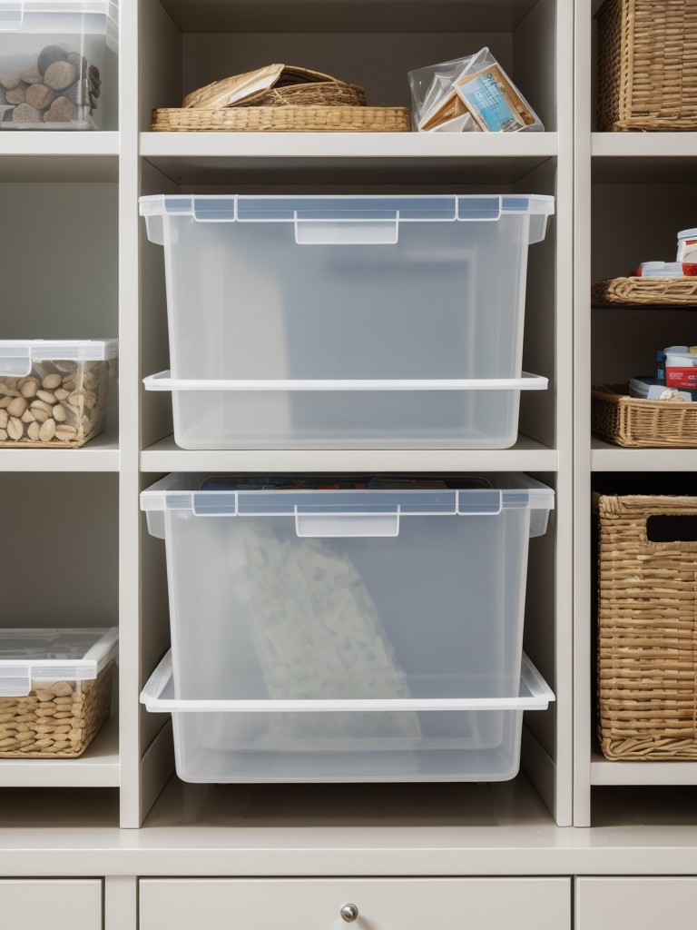 Using clear plastic bins to store and stack items while keeping them visible.