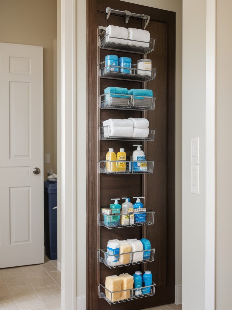 Utilizing over-the-door shoe organizers for bathroom supplies or cleaning products.