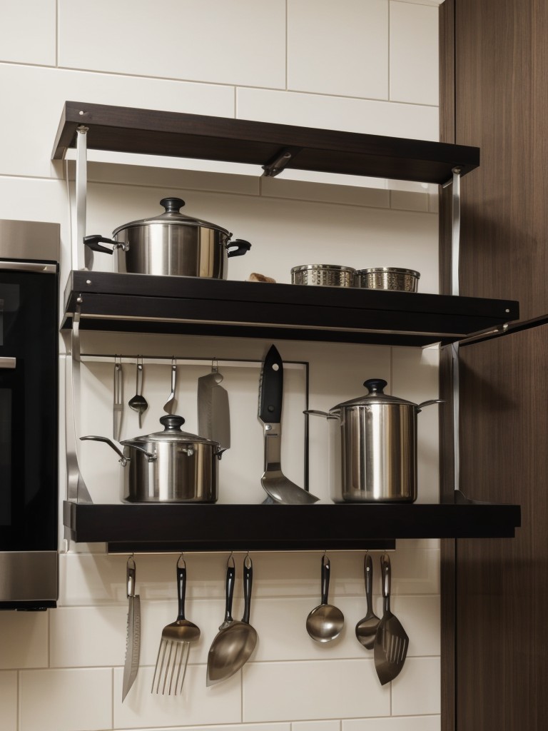 Utilizing vertical space in the kitchen with a pot rack or magnetic knife strip.