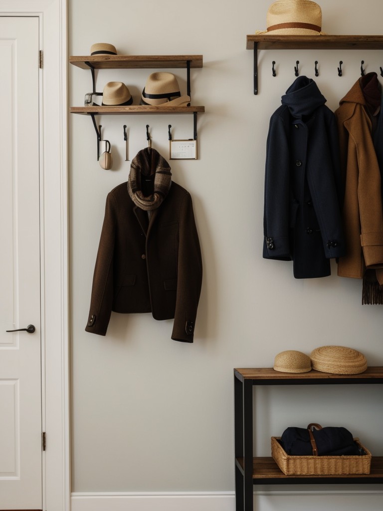 Utilizing wall-mounted hooks or mini shelves near the front door for coats, hats, and scarves.