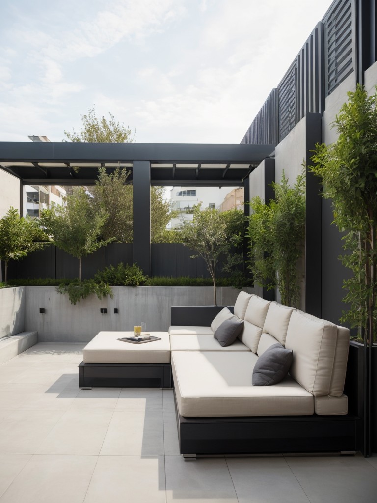 Achieve a modern apartment patio look by using sleek outdoor furniture, concrete planters, and minimalistic design elements.