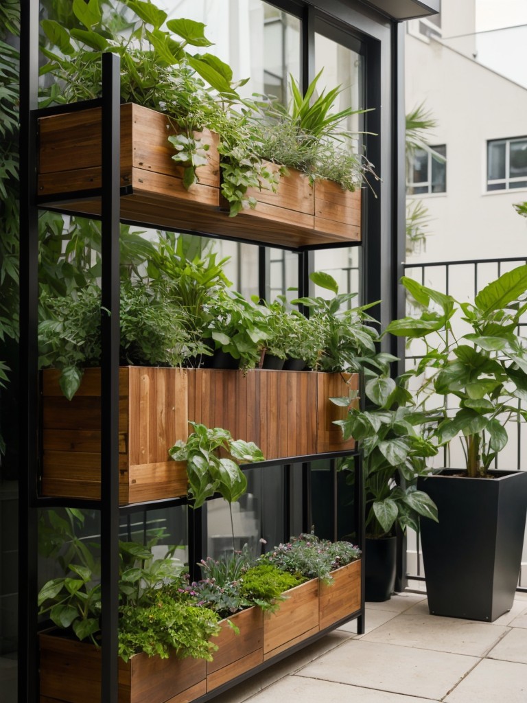 Achieve an urban jungle feel on your apartment patio with a variety of potted plants, a vertical garden, and hanging planters for a green oasis.