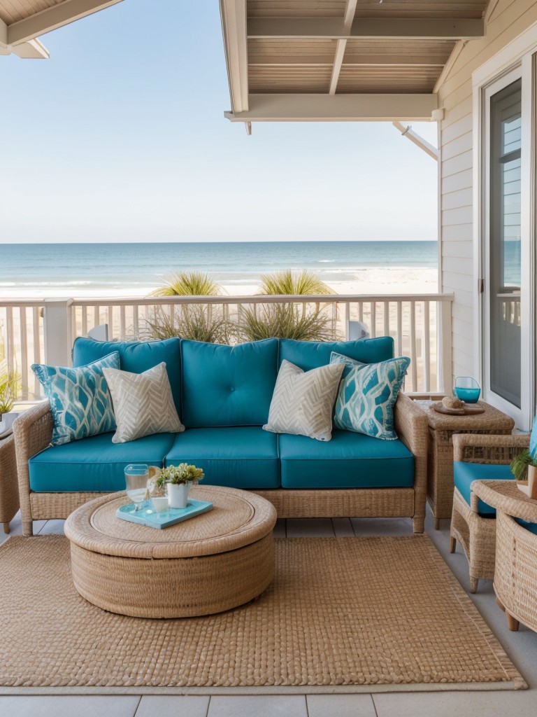 Bring the beach to your apartment patio with vibrant outdoor rugs, lounge chairs, and a small sand area for a coastal getaway feel.