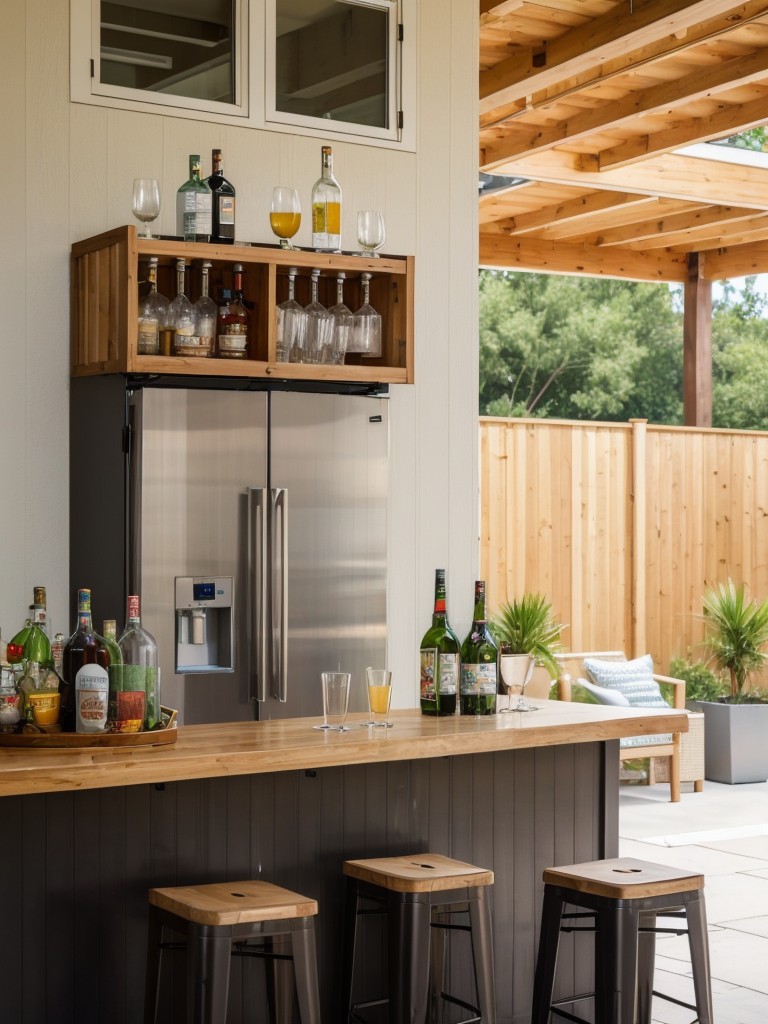 Build an apartment patio bar with a small counter, bar stools, and a compact refrigerator for entertaining guests and enjoying refreshing drinks.