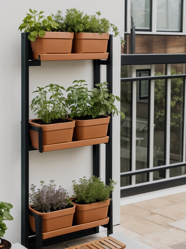 Convert your apartment balcony into a mini herb garden with vertical shelving, herb planters, and a small table for convenient outdoor cooking.