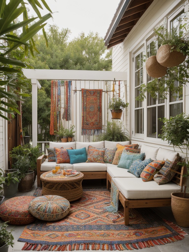 Create a bohemian-inspired apartment patio with floor cushions, tapestries, and colorful decorations for a laid-back and artistic vibe.