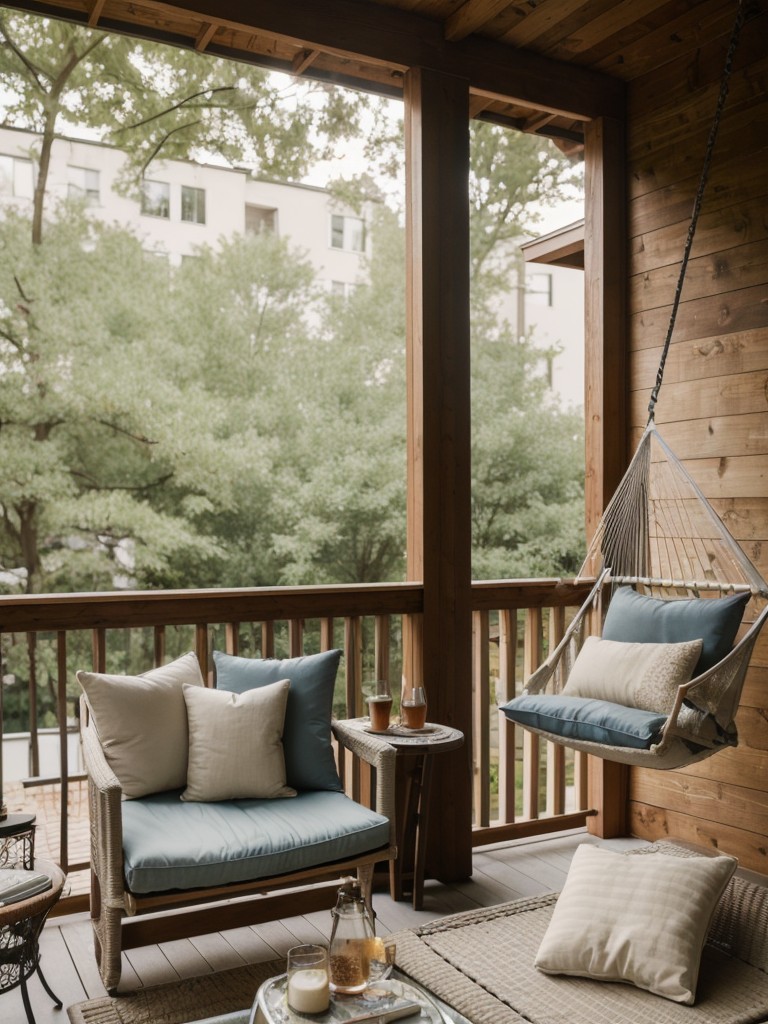 Create a cozy reading nook on your apartment patio with a comfortable chair or hammock, a side table for books and drinks, and soft outdoor pillows.