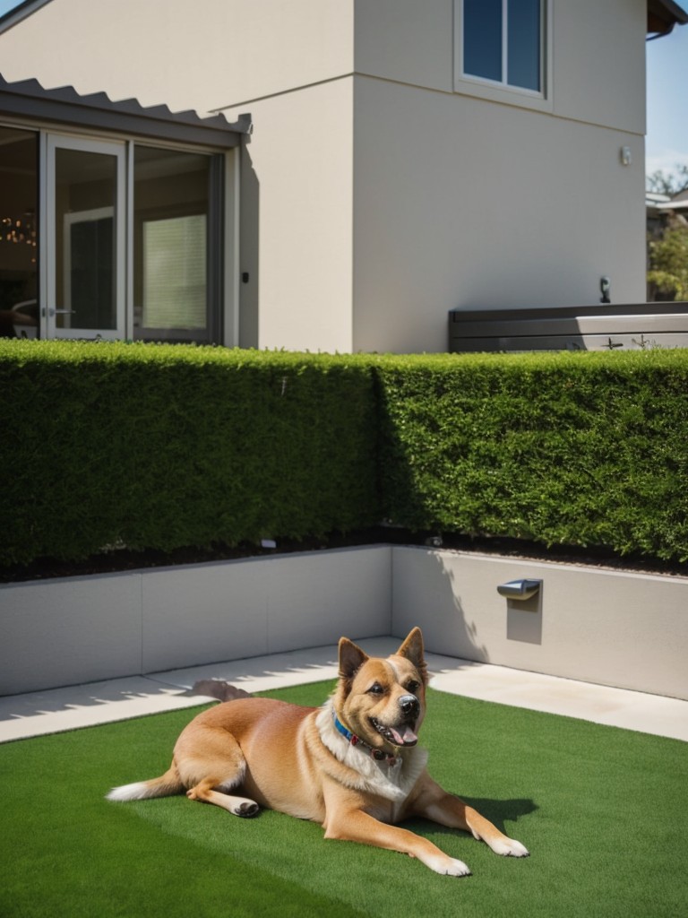 Create a dog-friendly apartment patio with artificial turf, a designated potty area, and comfortable pet beds for maximum comfort.