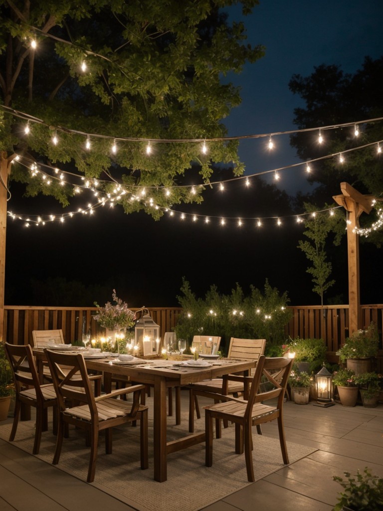 Create a magical apartment patio with fairy lights, lanterns, and hanging decorations for a whimsical and inviting outdoor space.