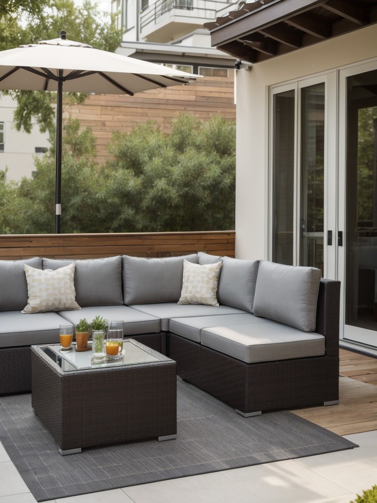 Create a multifunctional apartment patio with modular furniture pieces, such as ottomans that can be used for seating or as coffee tables, maximizing your outdoor space.