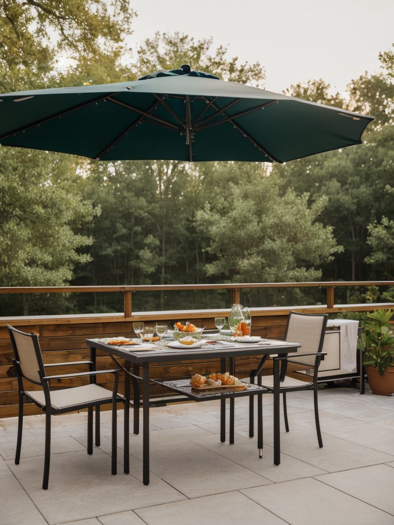 Create an outdoor dining area on your apartment patio with a bistro table and chairs, vibrant table linens, and a small BBQ grill for cooking delicious meals.