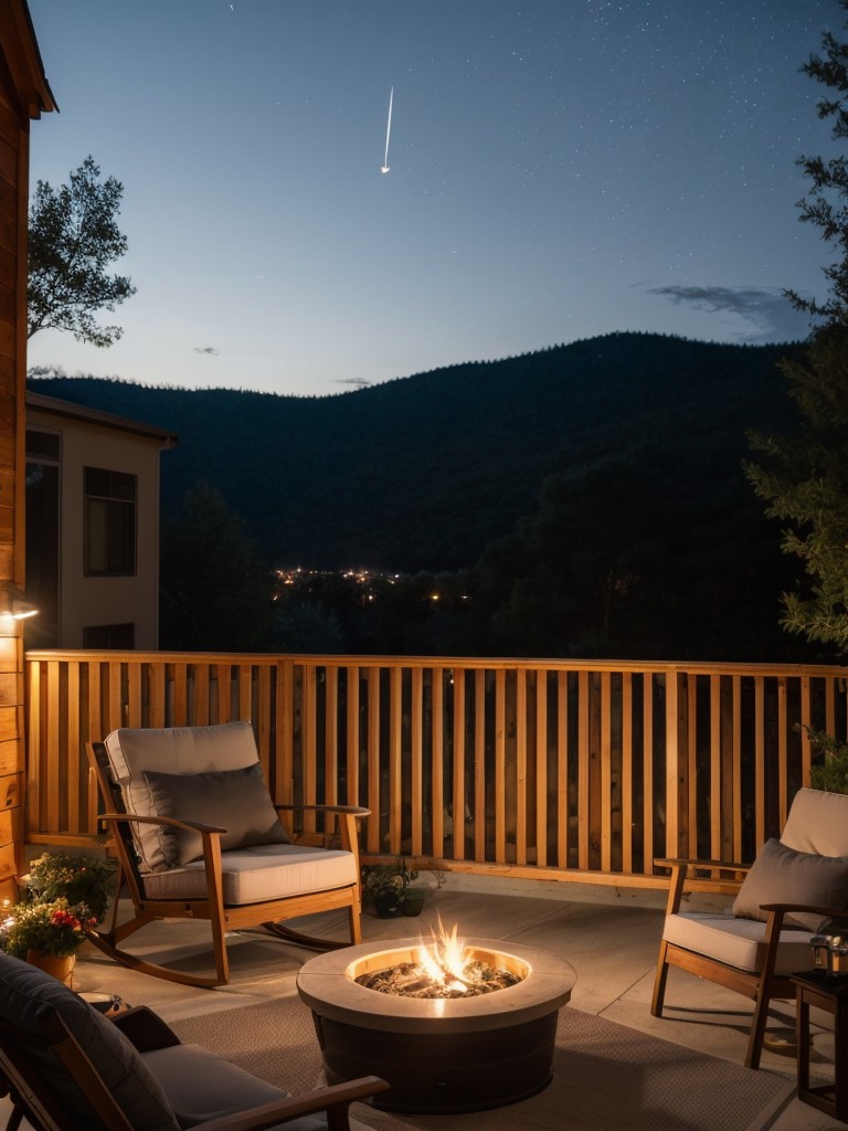 Design a cozy apartment patio for stargazing with a lounge chair, soft blankets, and a telescope for enjoying the night sky.