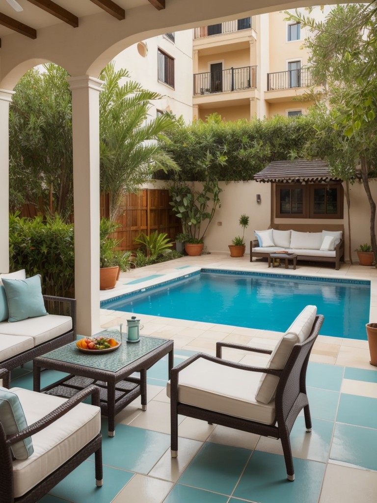 Design a Mediterranean-inspired apartment patio with colorful tiles, lounge chairs, and a small table for enjoying wine and tapas.