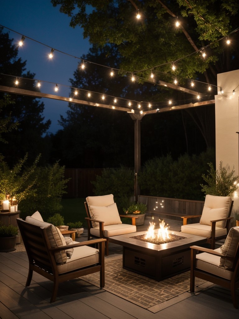 Design a romantic apartment patio with a small fire pit, comfortable seating, and twinkling candles for a cozy and intimate atmosphere.