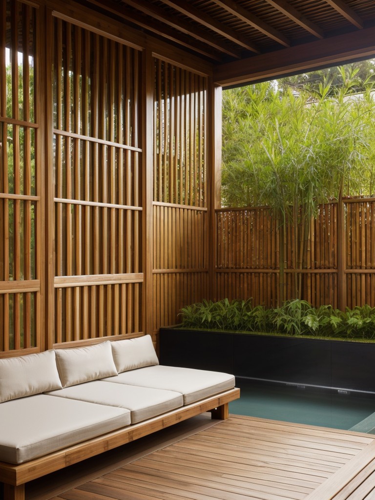 Design a zen-inspired apartment patio with a mini water feature, bamboo privacy screens, and floor cushions for a tranquil retreat.