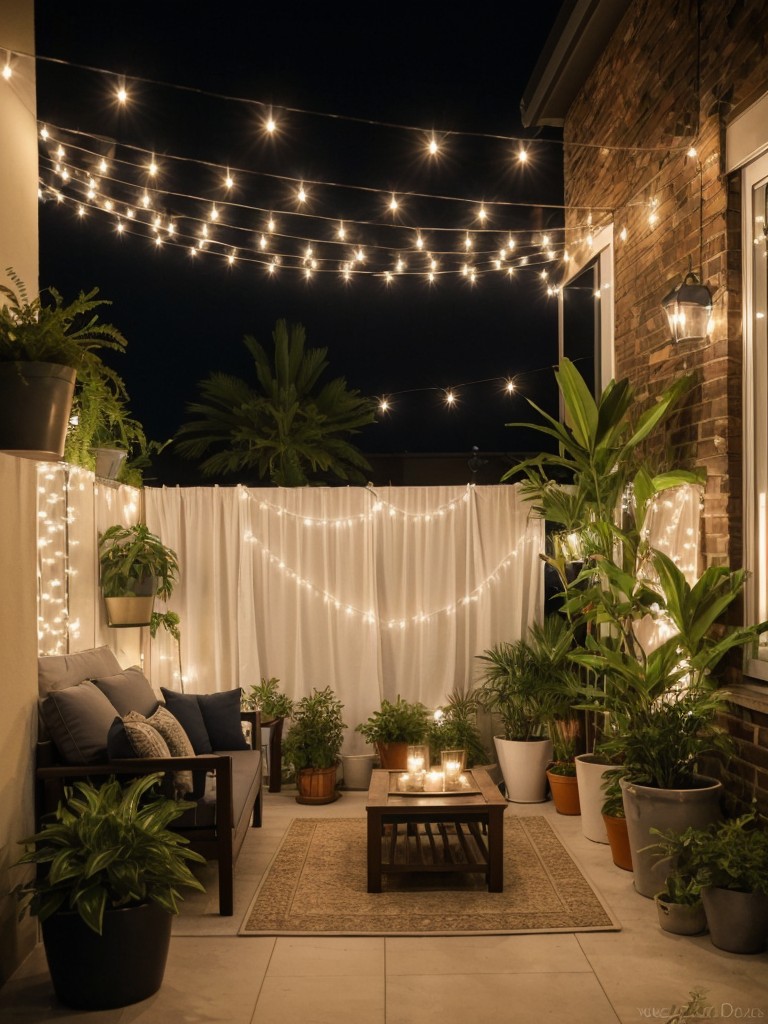 Transform your apartment patio into an oasis with comfortable seating, potted plants, and string lights for a cozy ambiance.