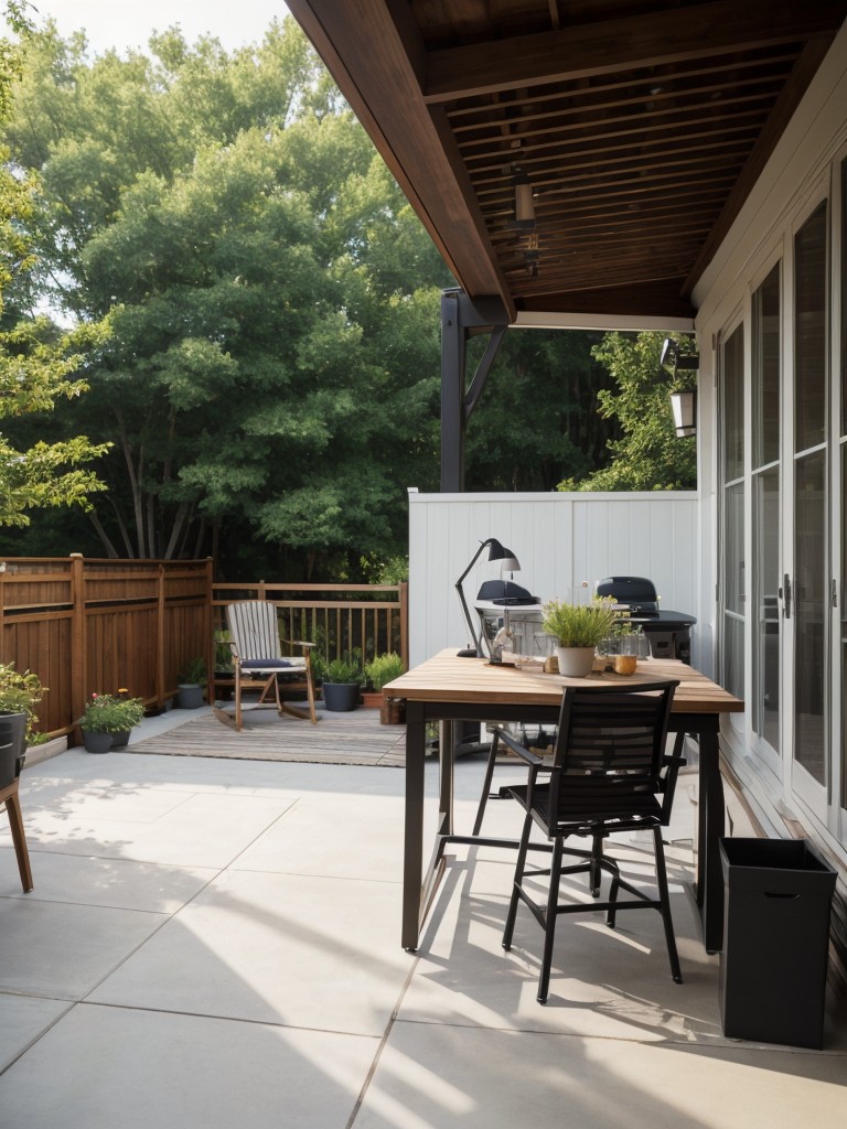 Transform your apartment patio into an outdoor workspace with a sturdy desk, ergonomic chair, and good lighting for a productive environment.