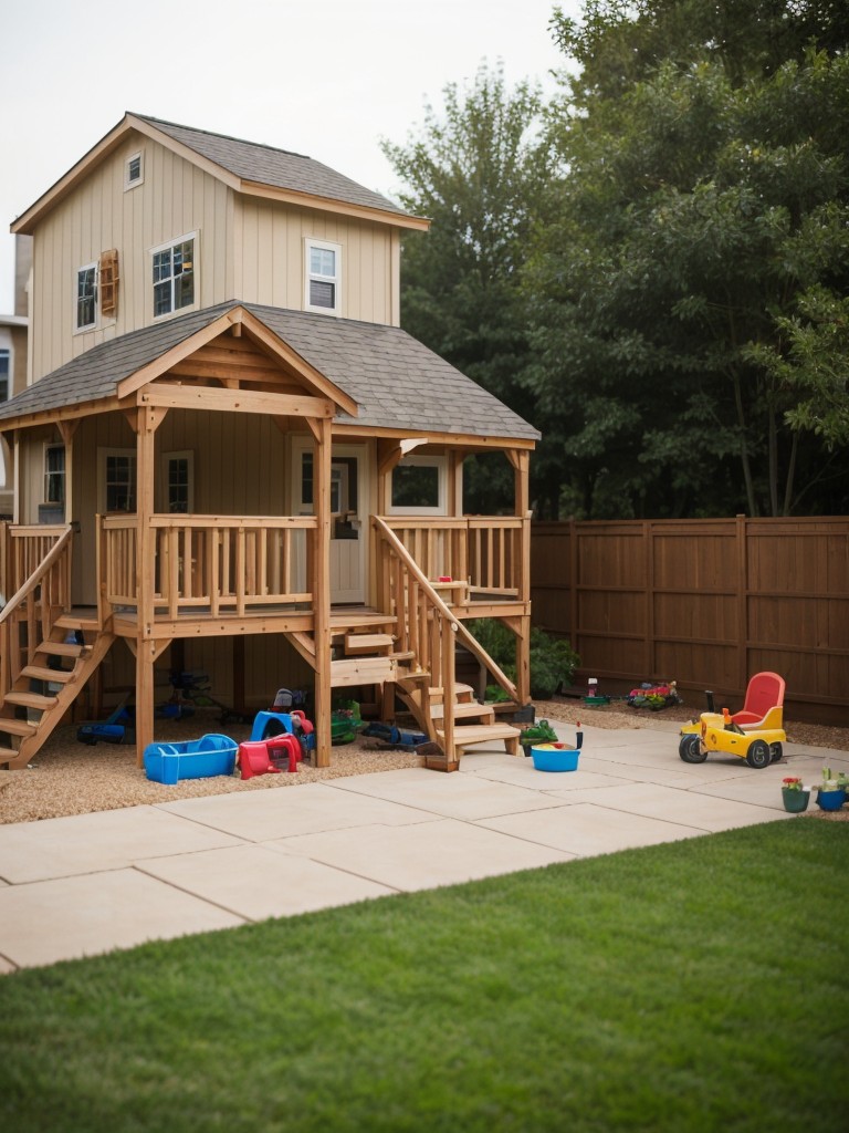 Turn your apartment patio into a play area for kids with a small playhouse, sandbox, and plenty of toys for endless fun.