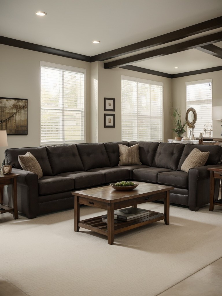 Maximize space with an open floor plan, incorporating a sectional sofa, coffee table, and accent chairs for versatile seating options.