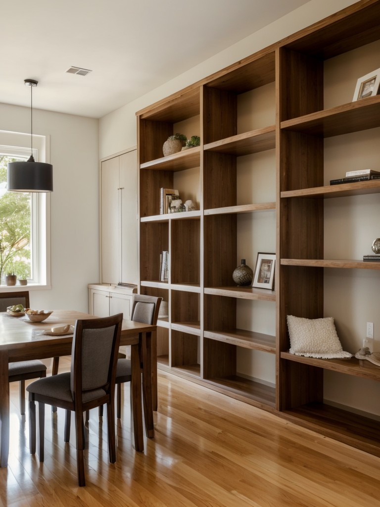 Implementing a built-in bookcase that acts as a divider between living and dining areas, while also offering plenty of storage.