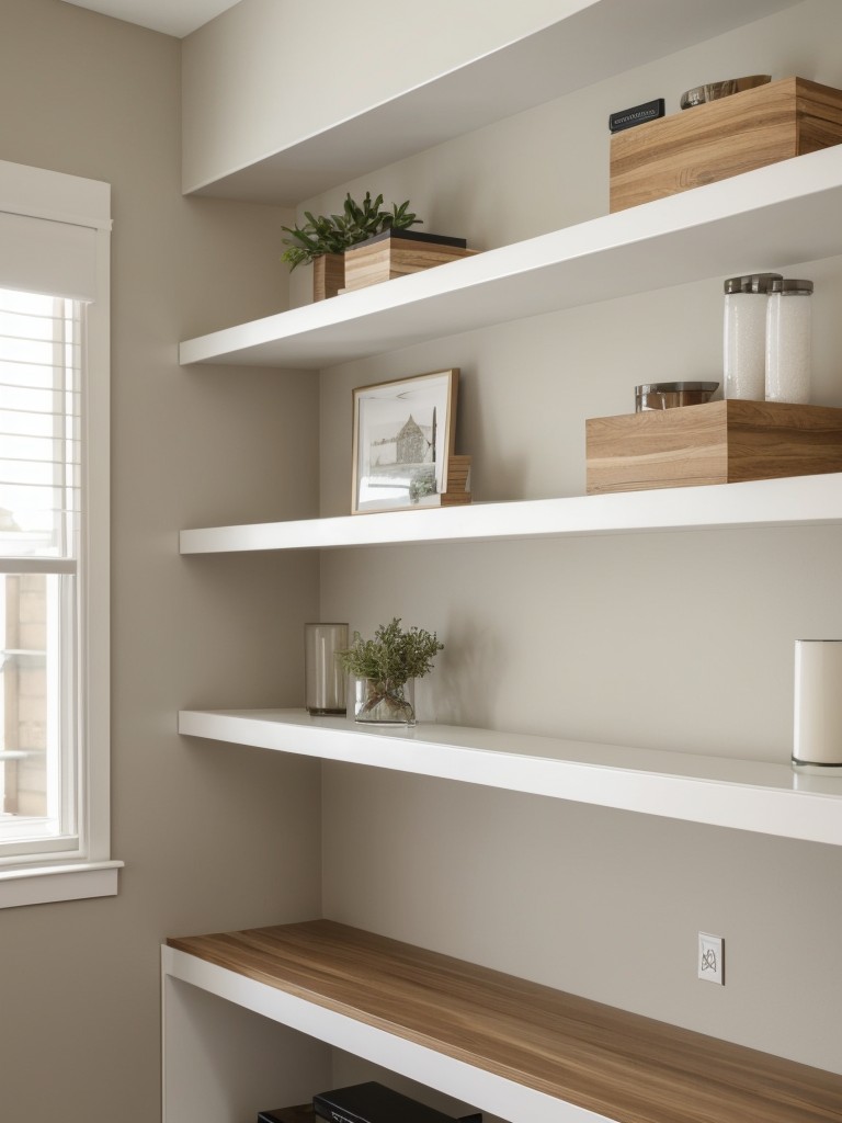 Incorporating a floating shelf system as a partition, providing storage options while maintaining a seamless aesthetic.