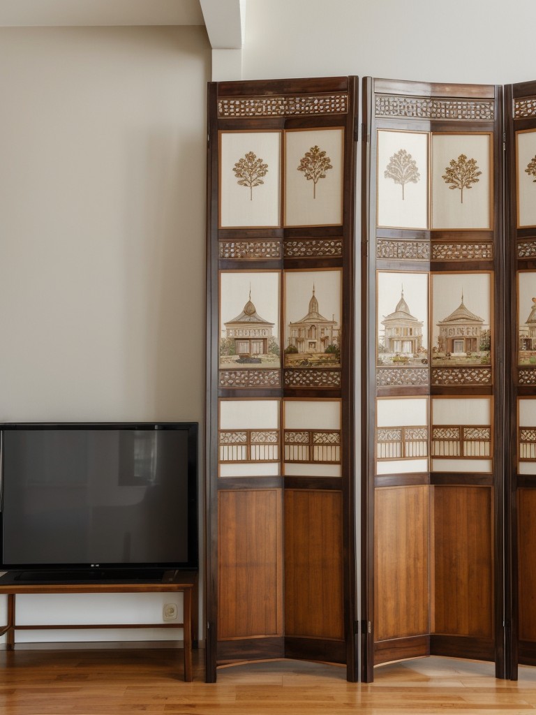 Incorporating a folding screen with an intricate design to add visual interest and a touch of elegance to the apartment.