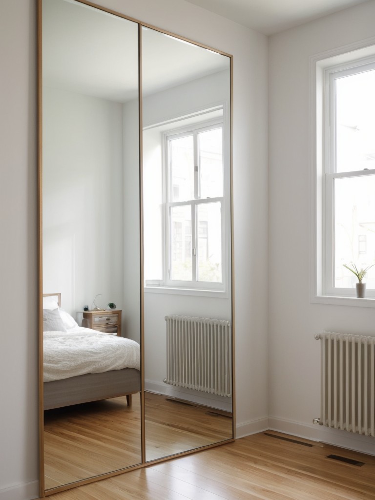 Installing a large mirror as a partition to visually expand a small space while reflecting light throughout the apartment.