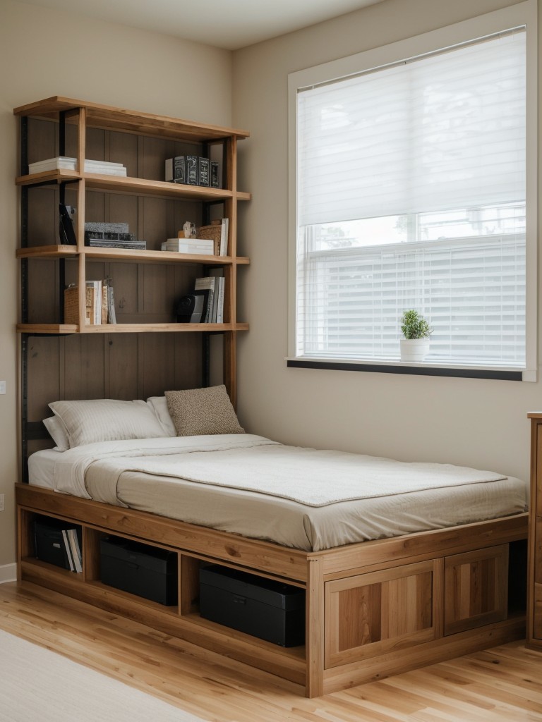 Utilizing a large shelving unit to separate the sleeping area from the living space, providing storage and division simultaneously.