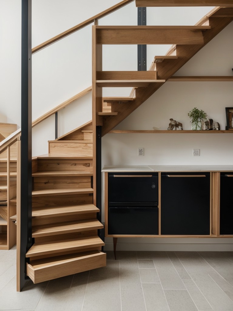 Open Staircase Shelves: Incorporate an open staircase with built-in shelving as a creative and efficient way to separate different areas within a multi-level studio apartment.