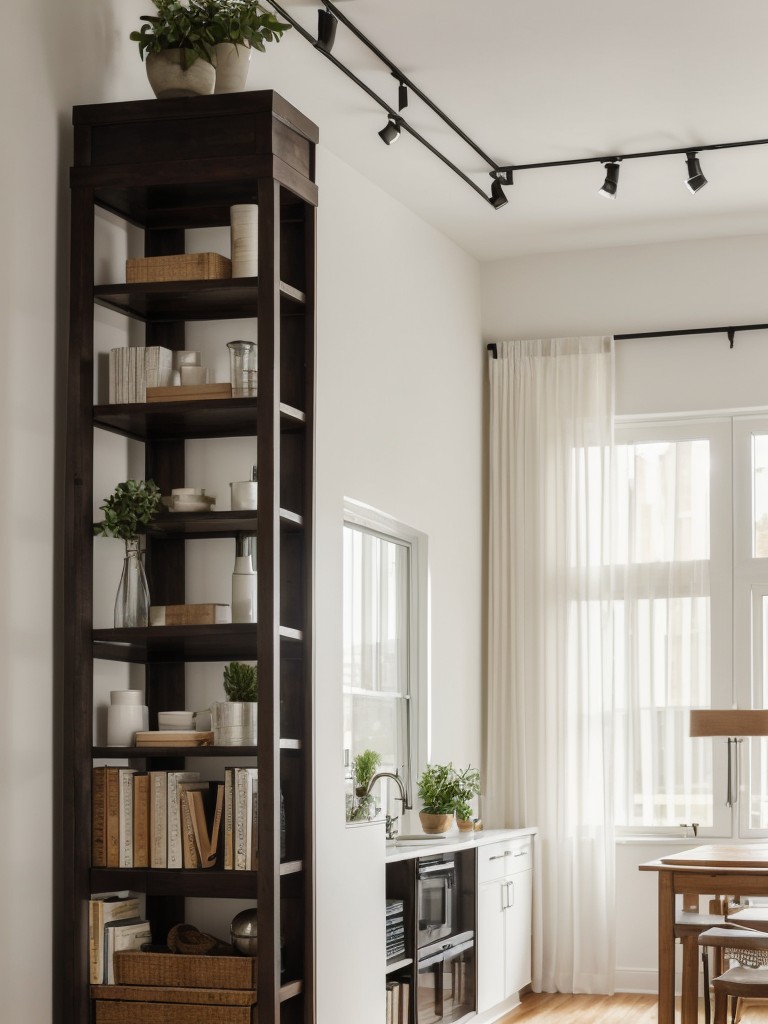 Vertical Elements: Consider using tall shelving units or floor-to-ceiling curtains to visually partition different areas within the studio, making the most of vertical space.