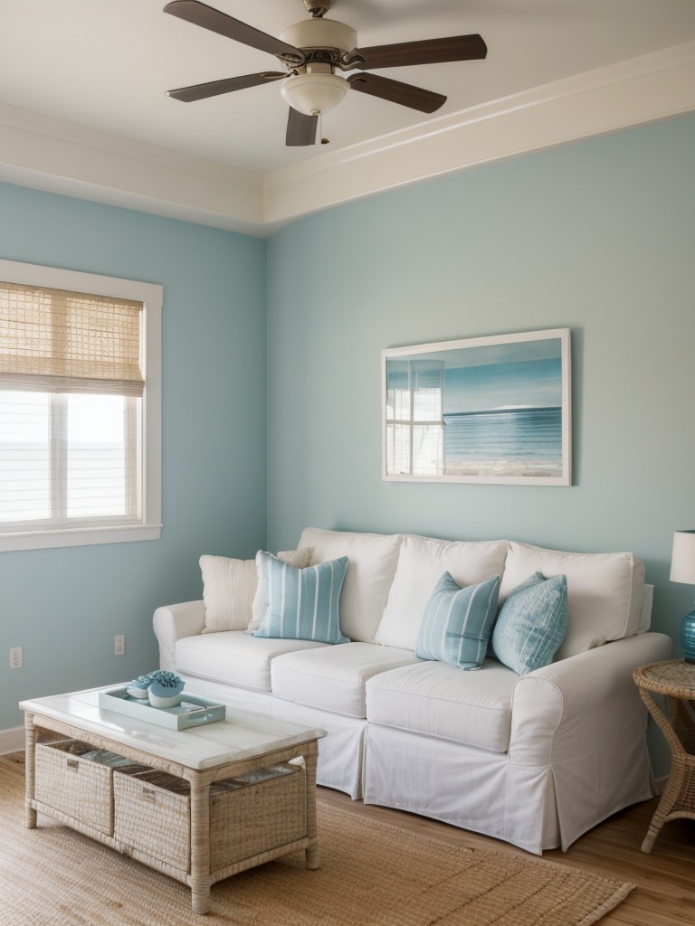 Coastal-inspired one-bedroom apartment ideas with light and airy color palettes, beachy textures, and nautical motifs for a relaxed and vacation-like ambiance.
