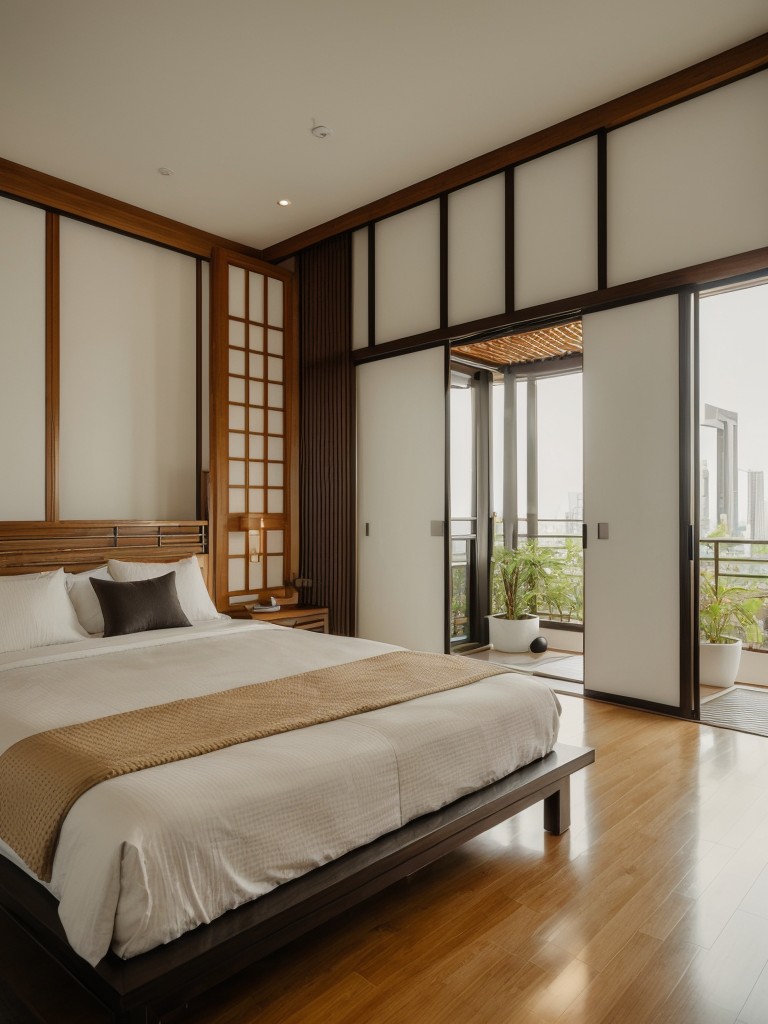 Contemporary Asian-inspired one-bedroom apartment ideas blending modern design aesthetics with traditional Asian elements such as bamboo accents, Zen gardens, and delicate artwork.