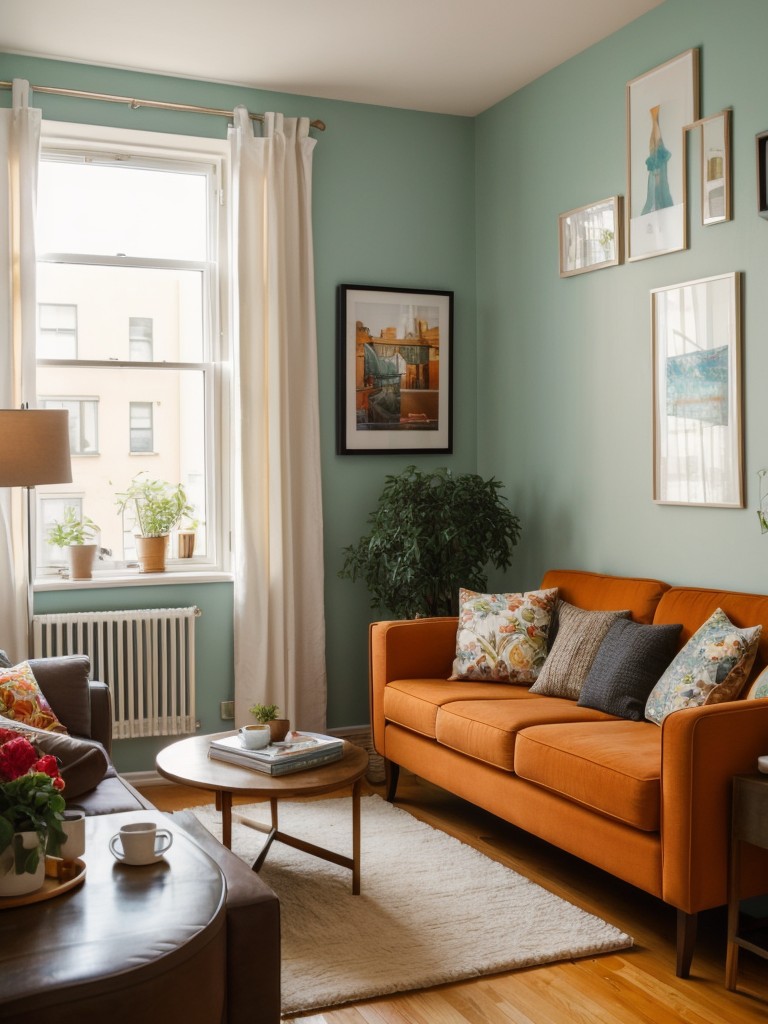 Cozy and eclectic one-bedroom apartment ideas featuring vibrant color combinations, mix-and-match furniture, and personalized artwork.