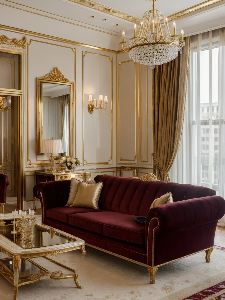 Glamorous and luxurious one-bedroom apartment ideas featuring velvet upholstery, gold accents, and crystal embellishments for a touch of opulence and grandeur.