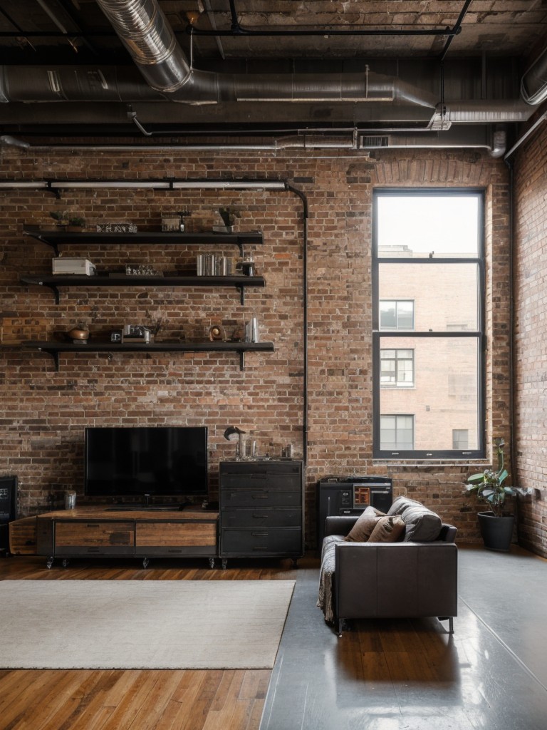 Industrial-chic one-bedroom apartment ideas showcasing exposed brick walls, metal accents, and vintage furniture for a unique and edgy vibe.