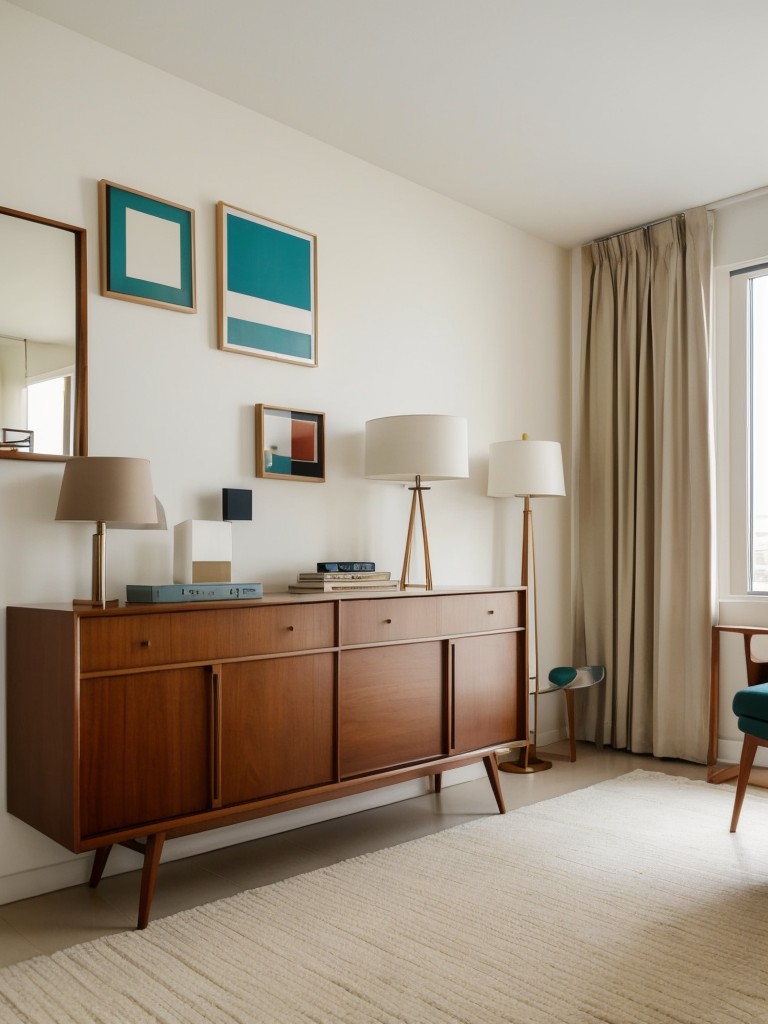 Mid-century modern one-bedroom apartment ideas featuring iconic furniture pieces, geometric patterns, and retro color combinations for a timeless and elegant look.