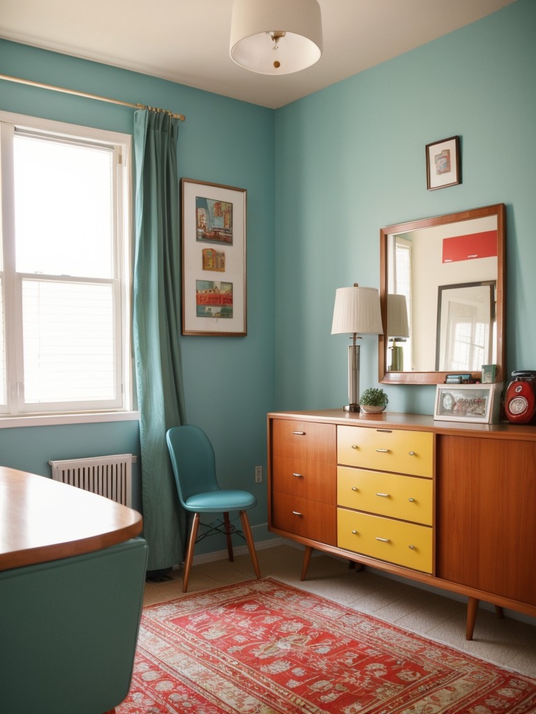 Retro-inspired one-bedroom apartment ideas evoking the charm of the 1950s and 1960s with bold colors, vintage furniture, and retro patterns for a fun and nostalgic living space.