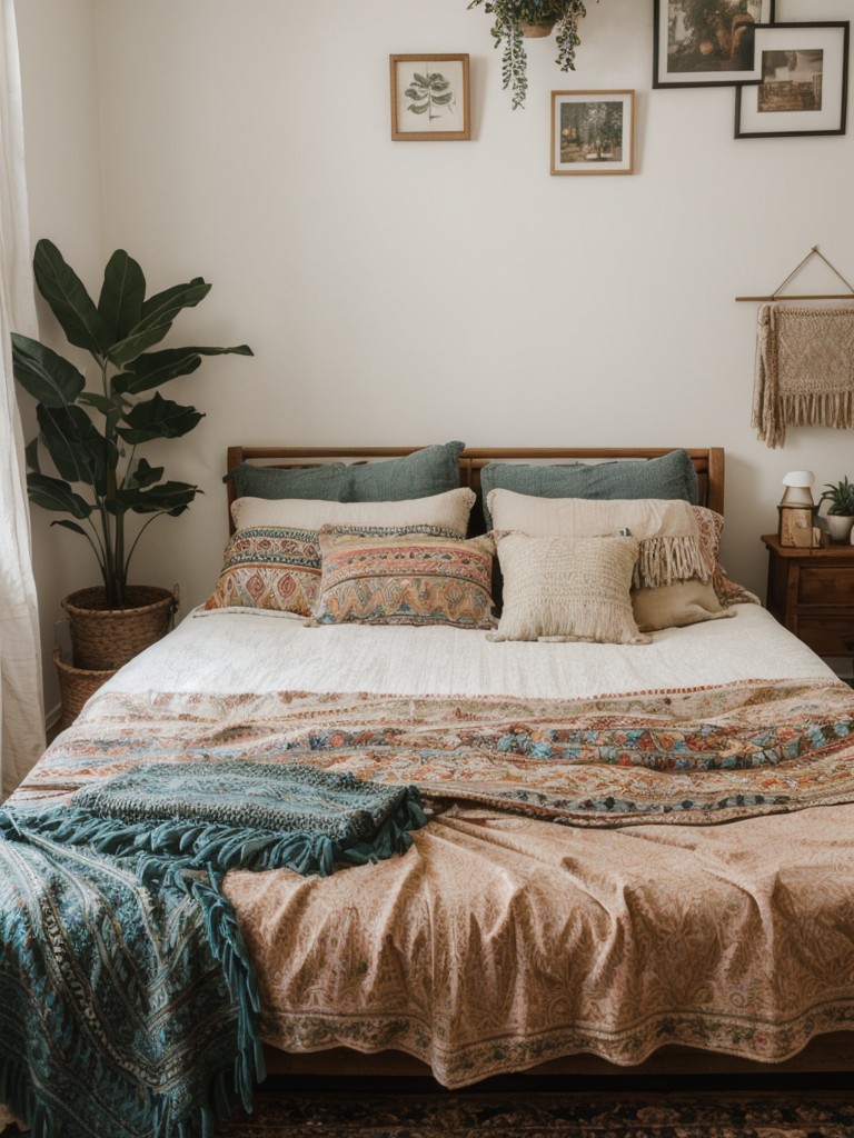 Bohemian small apartment bedroom ideas filled with eclectic patterns, cozy textiles, and vintage-inspired accessories.