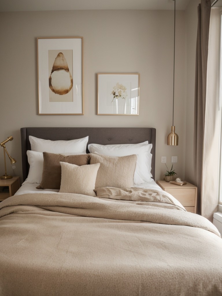 Cozy small apartment bedroom ideas featuring soft bedding, warm lighting, and plush accessories.