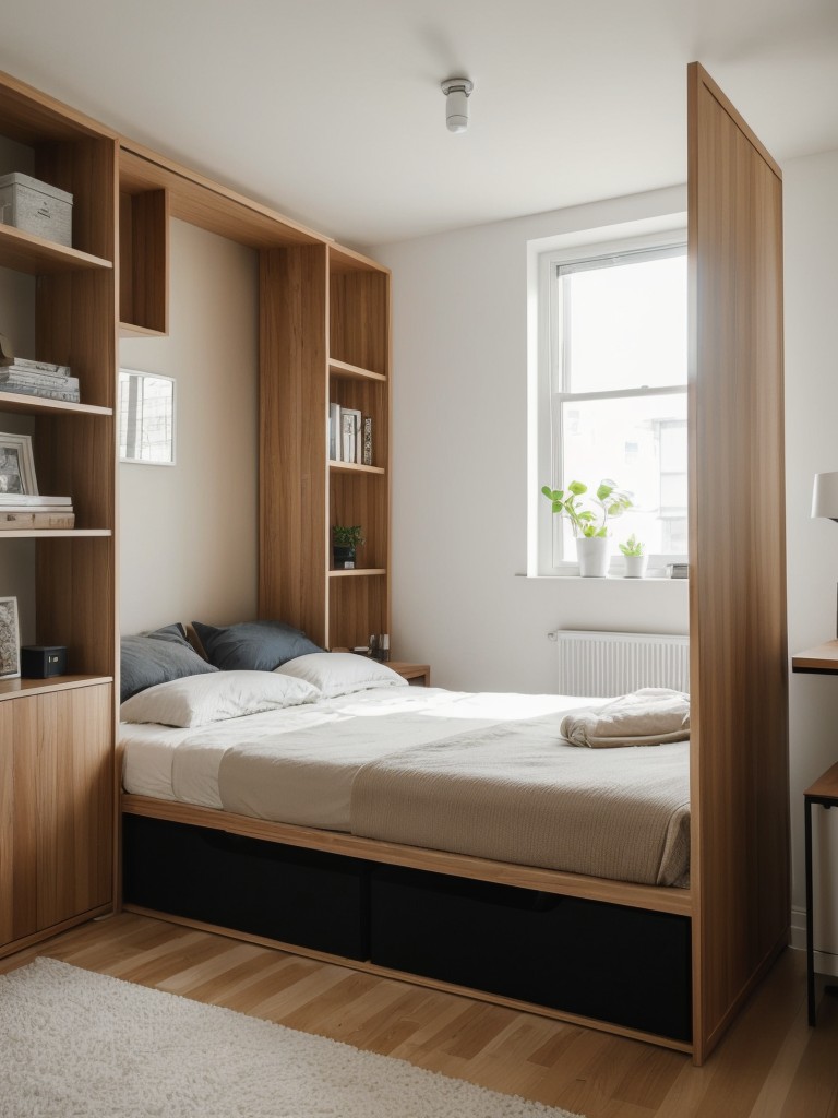 Creative small apartment bedroom ideas utilizing multifunctional furniture and creative room dividers.