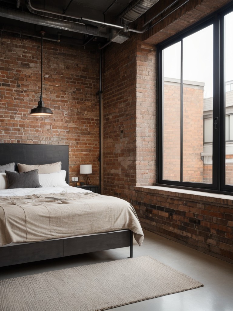 Industrial small apartment bedroom ideas featuring raw materials, exposed brick walls, and sleek metal finishes.