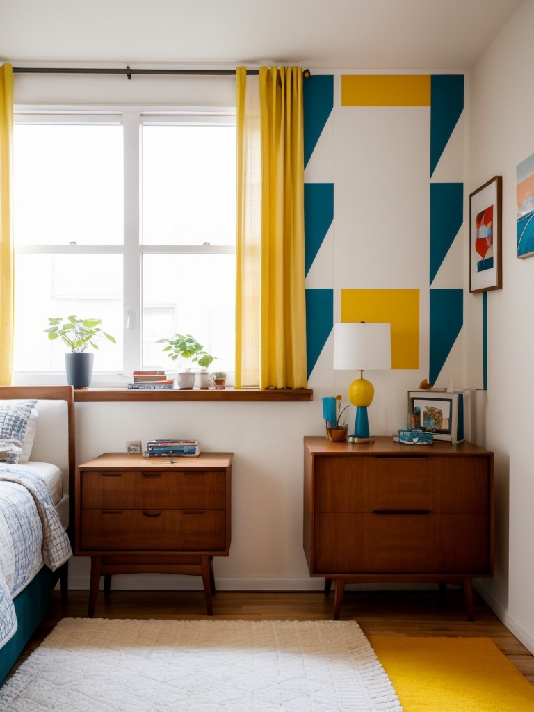 Mid-century modern small apartment bedroom ideas with retro furniture, geometric patterns, and bold pops of color.