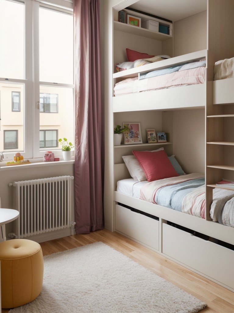 Playful small apartment bedroom ideas designed for kids or young adults, featuring vibrant colors and creative storage solutions.