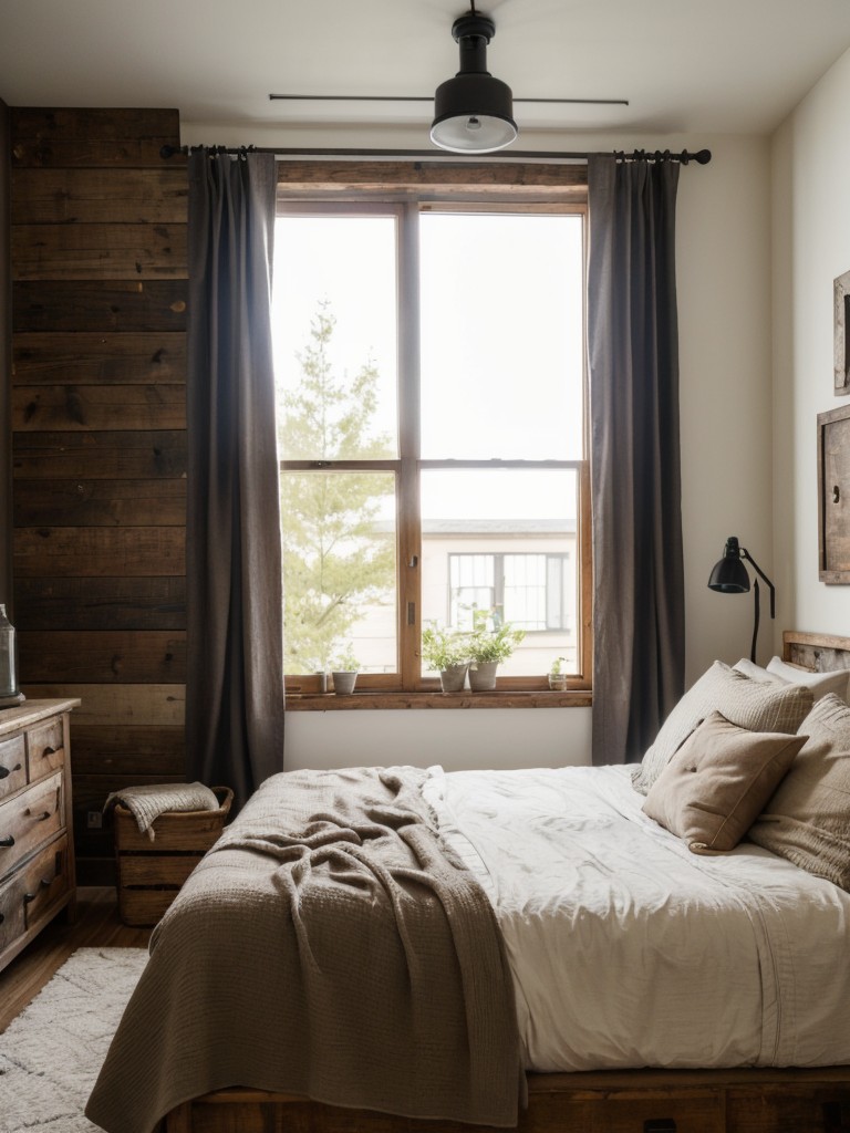 Rustic small apartment bedroom ideas with distressed wood furniture, cozy textiles, and rustic accents.